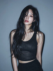 Naklejka premium Korean woman with long black hair posing against a simple blue background in a stylish black outfit