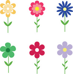  Flower icon set.  hand drawn decorative. Colorful flowers collection. Daisy chamomile, chrysanthemum, cornflower, sun flower. Flat design. Growing concept and Blooming element. Vector illustration.