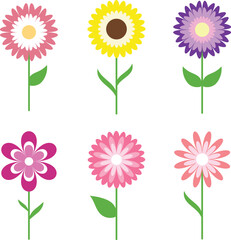  Flower icon set.  hand drawn decorative. Colorful flowers collection. Daisy chamomile, chrysanthemum, cornflower, sun flower. Flat design. Growing concept and Blooming element. Vector illustration.