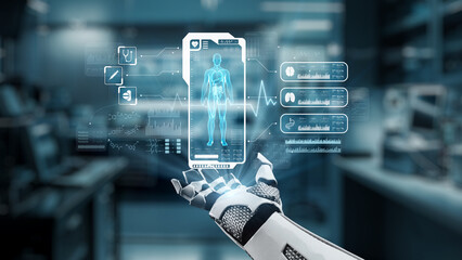 Close up of robotic hand open palm of hand with human anatomy holographic floating. Robot hand presenting x ray holographic while accessing and connecting with data to diagnosis symptom. Salubrious.
