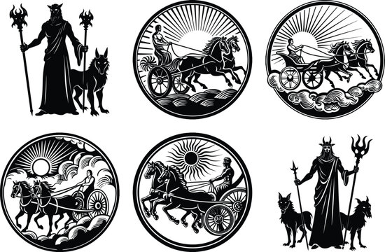 Silhouette Vector Set Featuring Greek Mythology Gods And Horse Chariots Illustrations