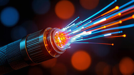Glowing Fiber Optic Cable Transmitting Data