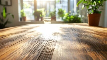 Sunlight streaming on wooden table