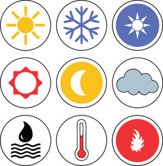 Weather icons set representing sun, snow, moon, rain, thermometer and flame