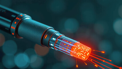 Glowing Fiber Optic Cable Transmitting Data
