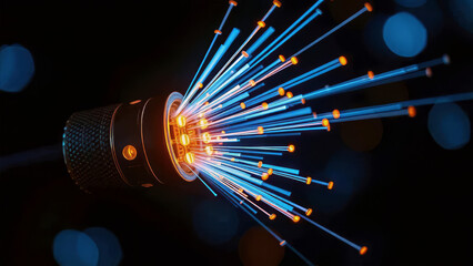 Glowing Fiber Optic Cable Transmitting Data