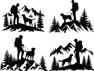 Hiker and Dog in the Mountains Silhouette