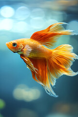 A close-up of a golden fish swimming in a crystal-clear pond, the light filtering through the water and illuminating the fish's scales