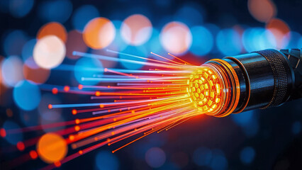 Glowing Fiber Optic Cable Transmitting Data