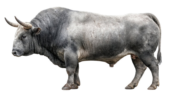 Gray Bull: A stately gray bull with powerful horns stands in regal pose, muscles rippling, a paragon of strength and raw vitality.
