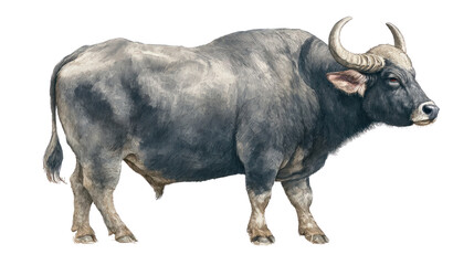 Strong Wild Buffalo in Field: An awe-inspiring water buffalo, showcasing its powerful build, impressive horns, and captivating presence as it stands majestically in a natural setting.