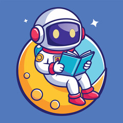 Cute Astronaut Reading Book on Moon – Flat Cartoon Vector Icon of Science, Education, and Space Concept
