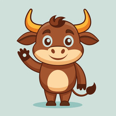 Cute Bull Waving Hand – Flat Cartoon Vector Icon of Animal and Nature Concept
