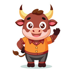 Obraz premium Cute Bull Waving Hand – Flat Cartoon Vector Icon of Animal and Nature Concept 