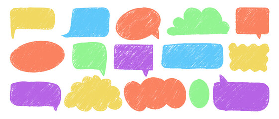 A set of bright hand-drawn text boxes. Textured mixed speech bubbles. Design elements for memo and messages.