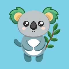 Cute Koala Holding Tree Branch – Flat Cartoon Vector Icon of Animal and Nature Concept
