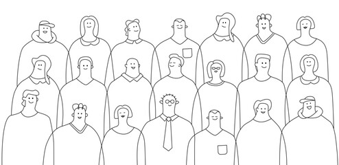 A crowd of diverse people in several rows. The illustration is in a linear minimalistic style. The concept of community, society, unity and partnership.