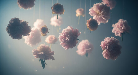 Hanging flowers composition with a dreamy mood in a soft blue background