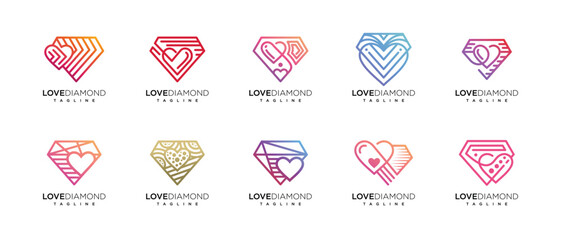 Diamond love logo design collection. Diamond love logo icon made with lines