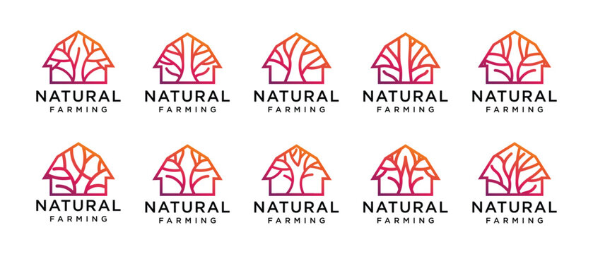 Nature tree farm house logo design collection. Nature leaf farm logo template. Farm and ranch logo symbol icon