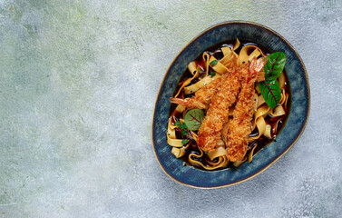 Udon noodles with shrimp in tempura, Japanese cuisine, homemade, no people,