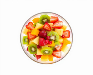 Fresh fruit salad featuring a colorful assortment of strawberries, kiwis, oranges, and melons in a clear bowl on a white background