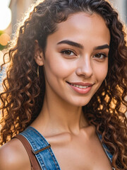 A woman in blue denim dungarees with suspenders poses casually with a serene expression on her face. Summer portrait of a beautiful woman with radiant complexion and subtle beauty. 