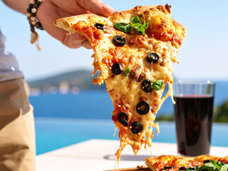 A hand grasping a piece of pizza, highlighting the sticky cheese and vibrant toppings on a blurry background. A holiday sunny day outdoors. 