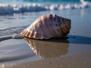 A close-up of a shell on the beach, with gentle waves lapping at the shore and the vast ocean in the background.