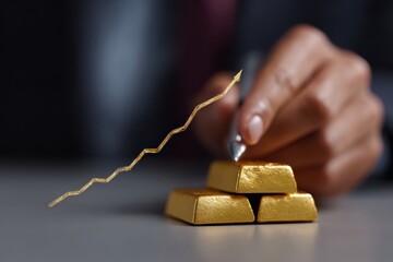 Investor hand drawing financial chart with gold bars and price quotes, trading precious metals market, gold mining investment and price forecast concept