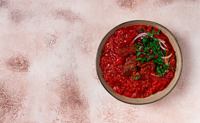 Chashushuli, a traditional Georgian dish, spicy, stewed meat with tomatoes and spices, homemade, no...