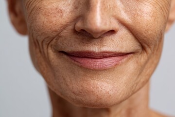 Obraz premium Portrait of woman showing facial wrinkles, smile lines, flabbiness, dark spots, and blemishes, skincare and beauty concept