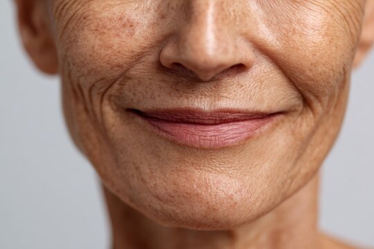 Portrait of woman showing facial wrinkles, smile lines, flabbiness, dark spots, and blemishes, skincare and beauty concept