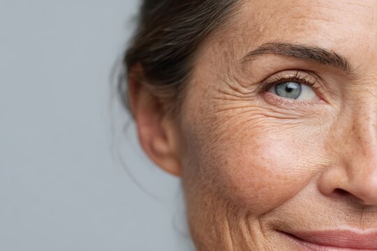 Portrait of woman showing facial wrinkles, smile lines, flabbiness, dark spots, and blemishes, skincare and beauty concept