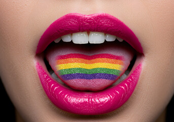 Closeup image of bright pink lips with a rainbow flag painted on the tongue, symbolizing LGBTQ+ pride, self expression, and bold identity