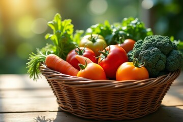 A woven basket filled with fresh vegetables on a wooden surface outdoors