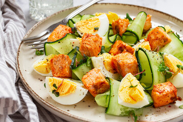 Delicious salmon and egg salad served on a plate with fresh cucumber and herbs for a healthy meal at lunchtime