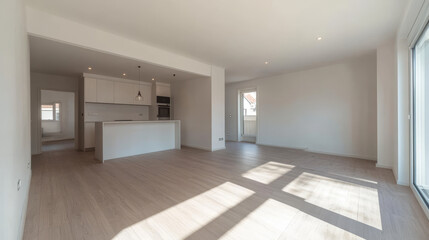 Obraz premium Bright, unfurnished room with clean white walls and natural wood flooring, showcasing a minimalist interior layout