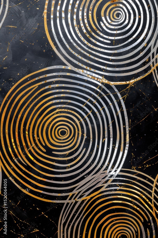 Poster geometric abstract patterns with metallic circles on black background