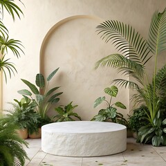 White Circular Stone Podium with Tropical Plants and Beige Wall