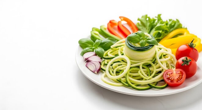 Close-up of fresh vegetables on a white plate arranged on a white background. Zucchini noodles red bell peppers yellow bell peppers cherry tomatoes basil and lettuce visible. - Powered by Adobe