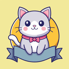 Cute Cat with Ribbon – Cartoon Vector Icon Illustration, Animal and Nature Concept Isolated in Flat Style
