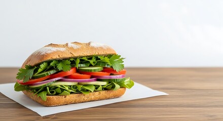 Freshly Made Sandwich With Assorted Vegetables on Wooden Table and White Background