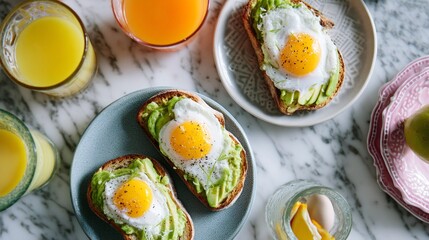 Flatlay Brunch Table Avocado Toast Fried Eggs Orange Juice