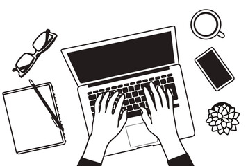 Workspace Desk with Laptop and Office Items &ndash; Outline Style Hand Drawing