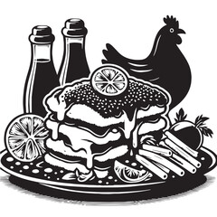 Black Chicken Parmesan Silhouette Vector, High Quality Illustration on White Background