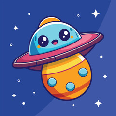 Cute UFO Flying in Space – Cartoon Vector Icon Illustration, Science and Technology Concept Isolated in Flat Style
