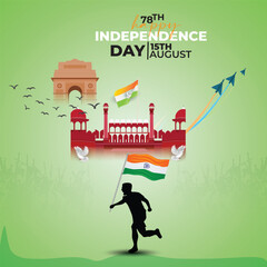 Naklejka premium 15th August Happy Independence Day of India social media post with Famous monuments, background