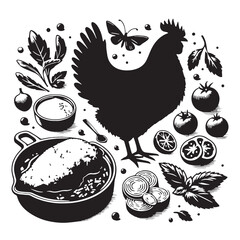 Black Chicken Parmesan Silhouette Vector, High Quality Illustration on White Background