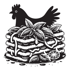 Black Chicken Parmesan Silhouette Vector, High Quality Illustration on White Background